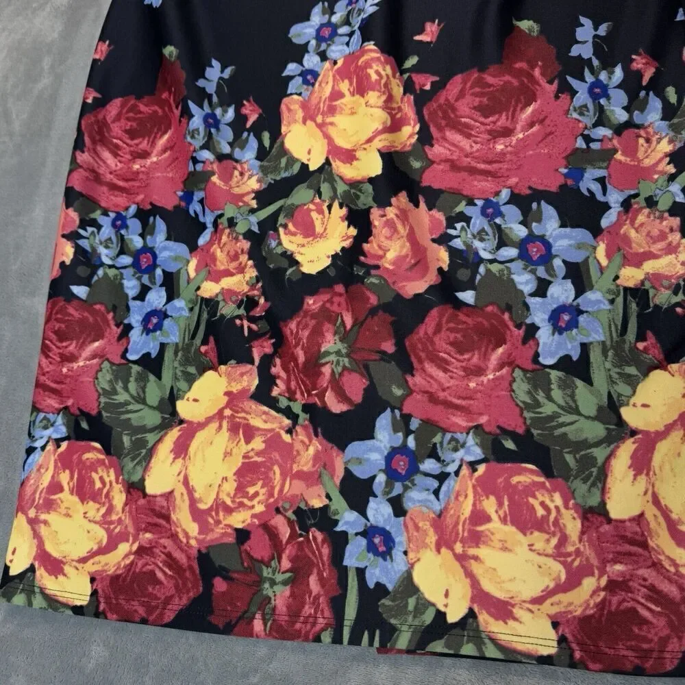 NYCC Women's Sz S Floral Pencil Straight Skirt Black Pink Stretchy Preppy Garden